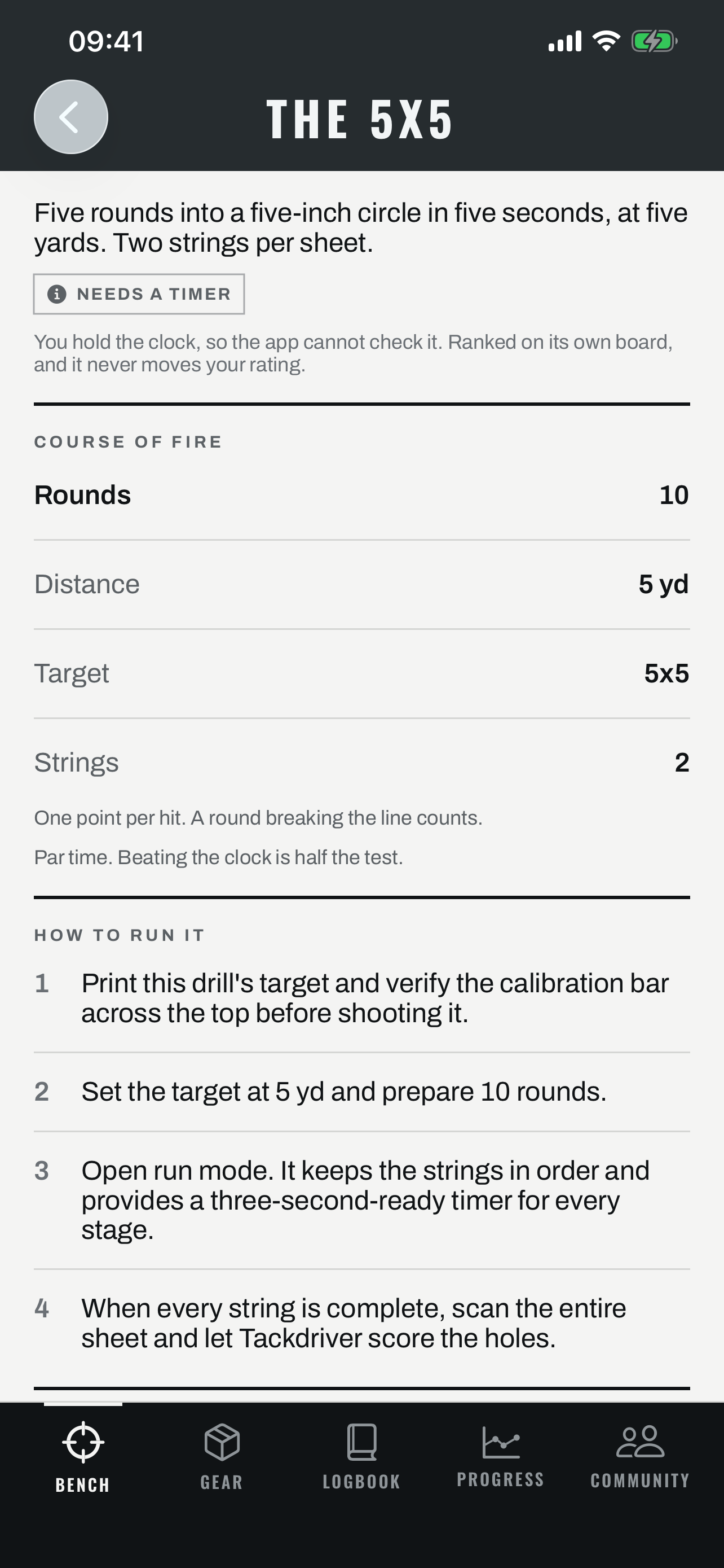 The Tackdriver 5x5 pistol drill showing its course of fire, instructions, target, and timer requirement