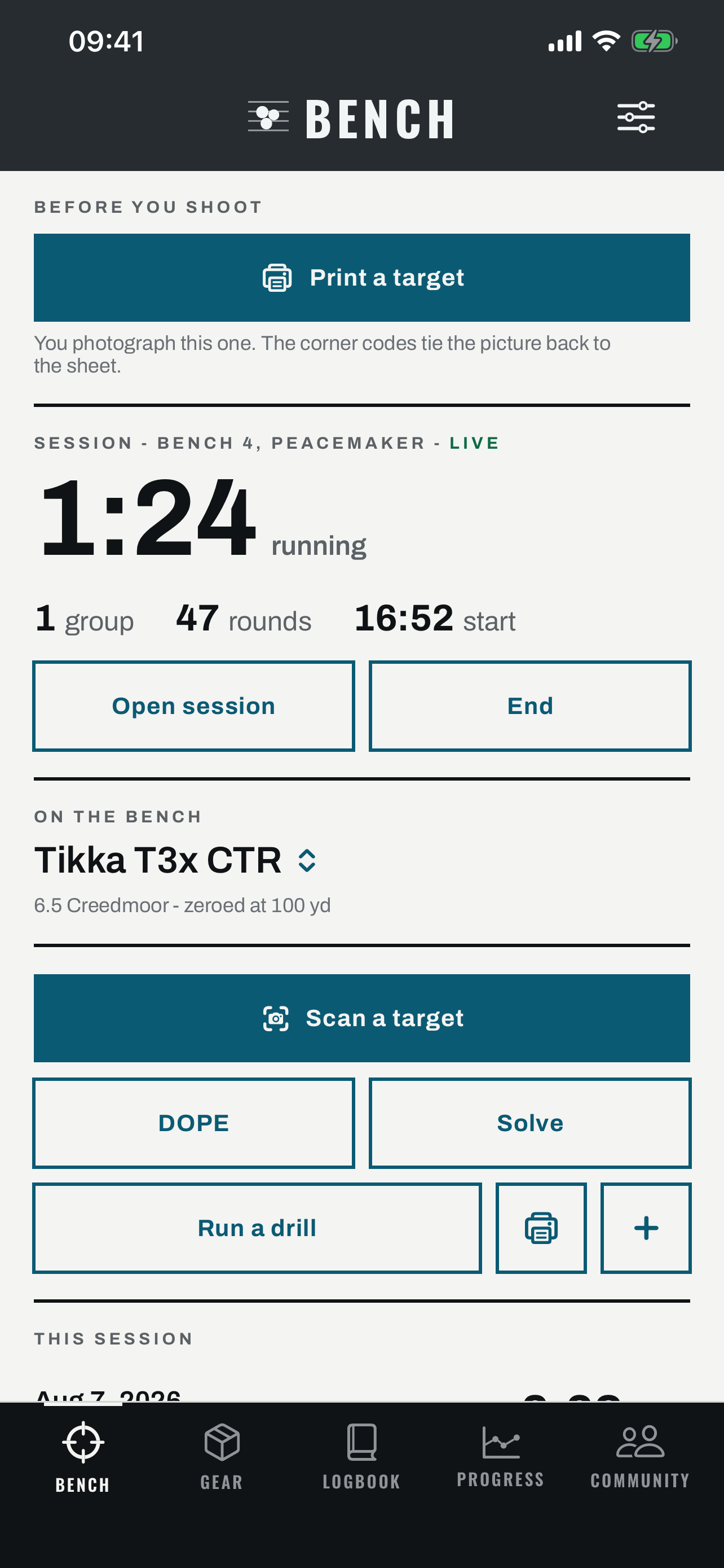 Tackdriver Bench showing target printing, scanning, DOPE, ballistics, and drills on iPhone
