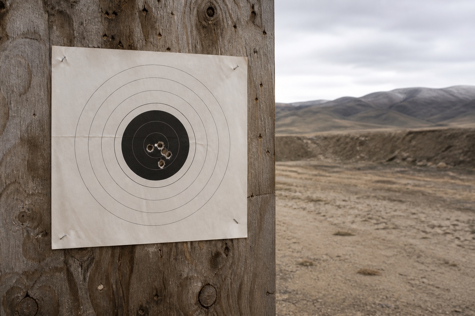 Five-shot paper target pinned to a weathered range backer